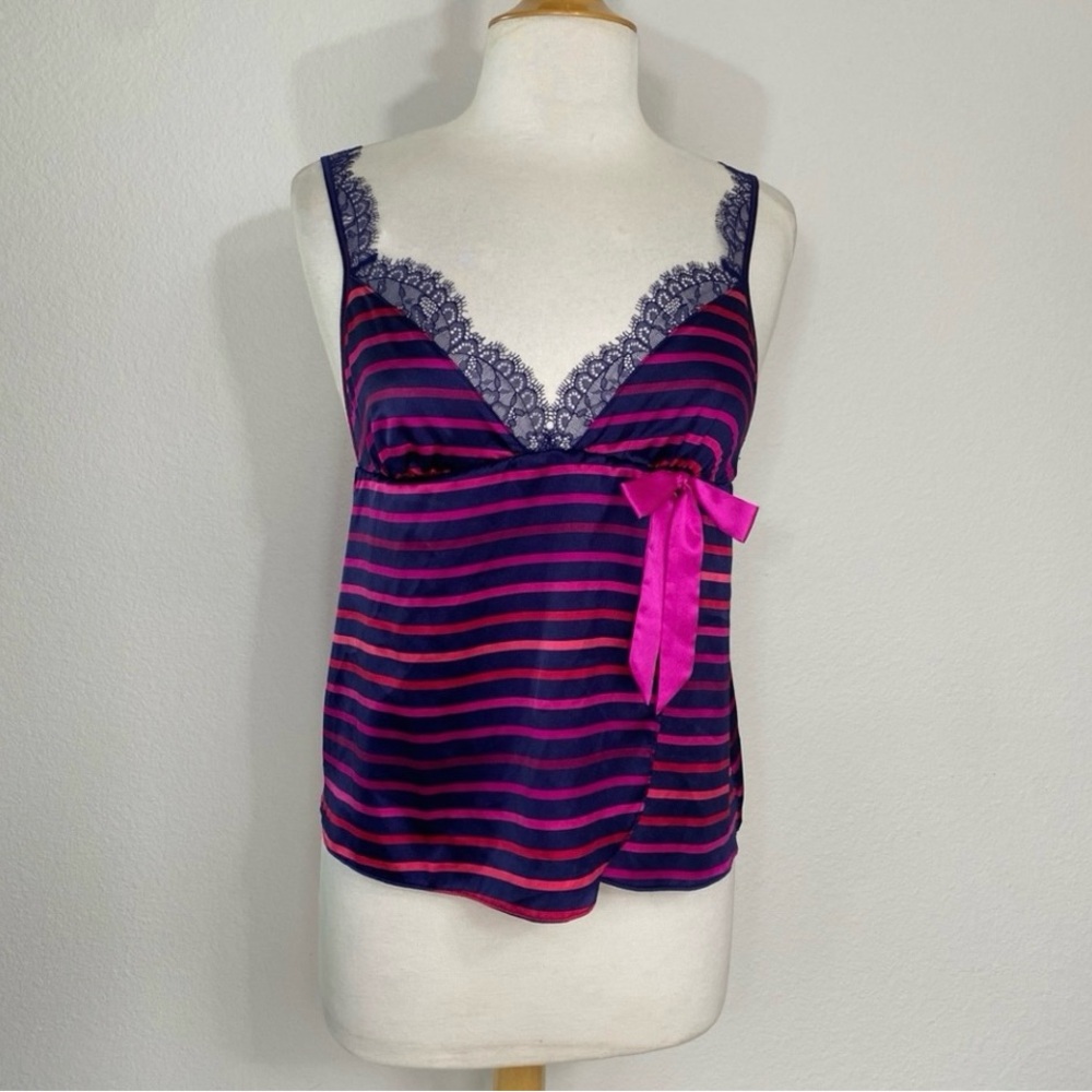 Sexy Little Things Magenta Navy Satin Stripe Lace Trim Camisole Sleepwear Size M